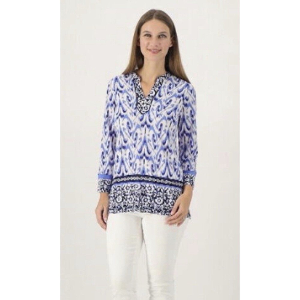Susan Graver Printed Liquid Split Neck Tunic Size Large Petite Blue